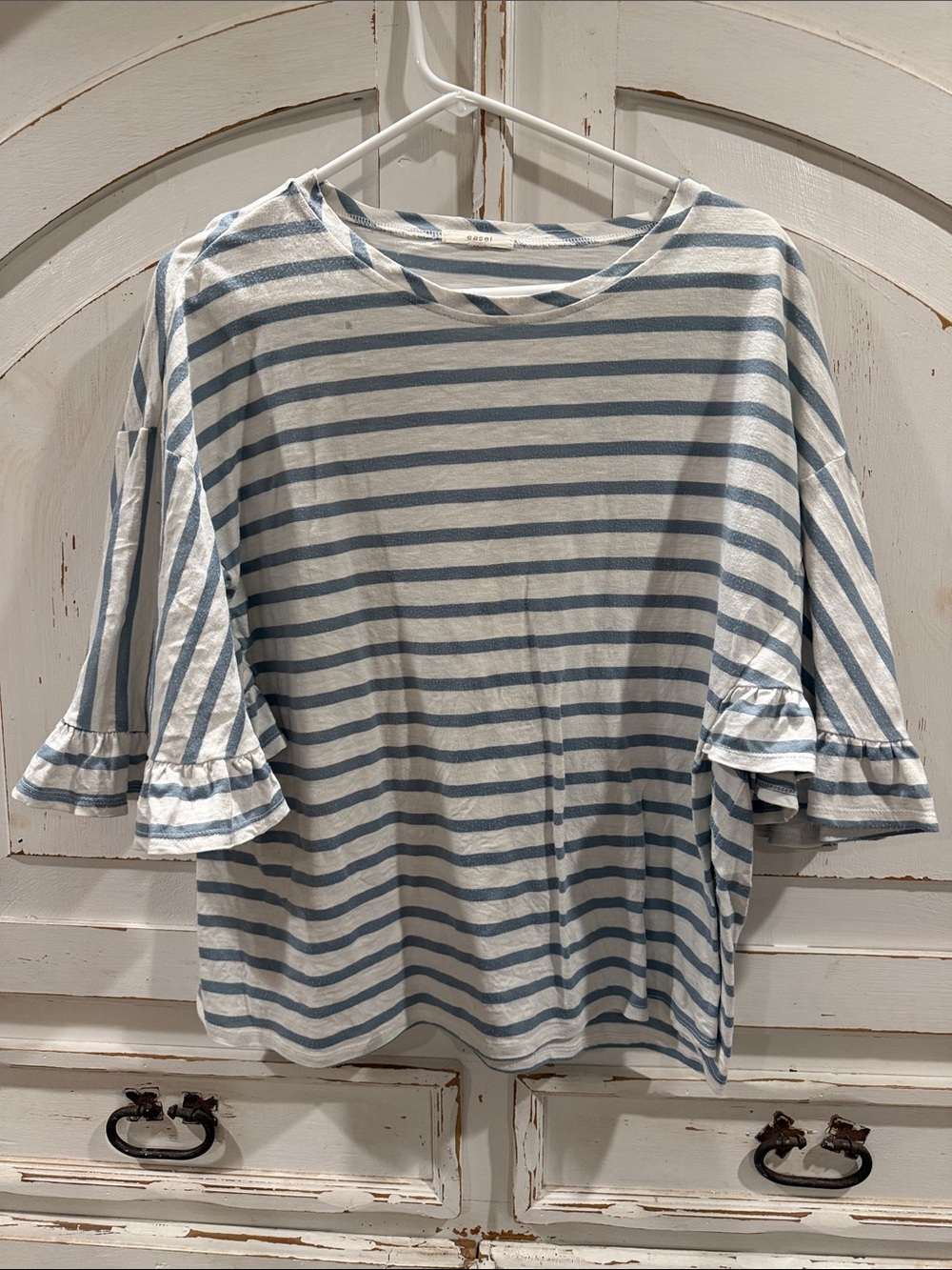 easel Blue & White Striped Ruffle Sleeve Tee
